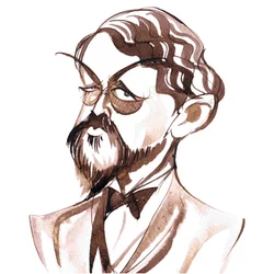 Achille-Claude Debussy, French composer, ink caricature
